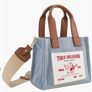 True Religion Mini Blue Denim Tote with Tan Handles And Crossbody Strap.